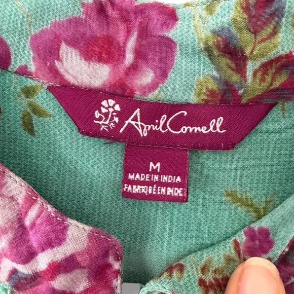 April Cornell Teal Cottage Rose Floral Print Button Down Tunic Top Boho Medium - Picture 12 of 13